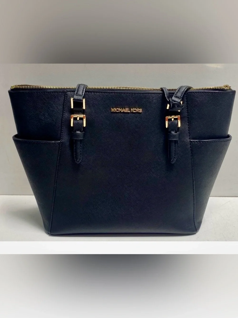 Michael Kors Black Leather Tote with Gold-Tone Hardware